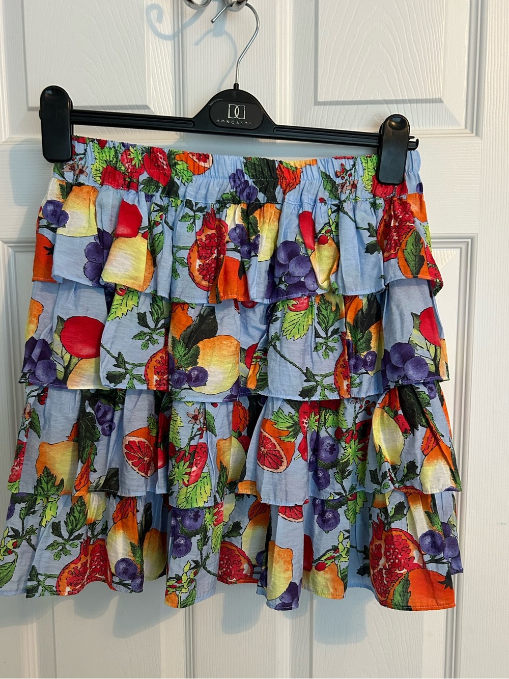 Skies Are Blue Light Blue Tiered Fruit-Print Ruffle Mini Skirt